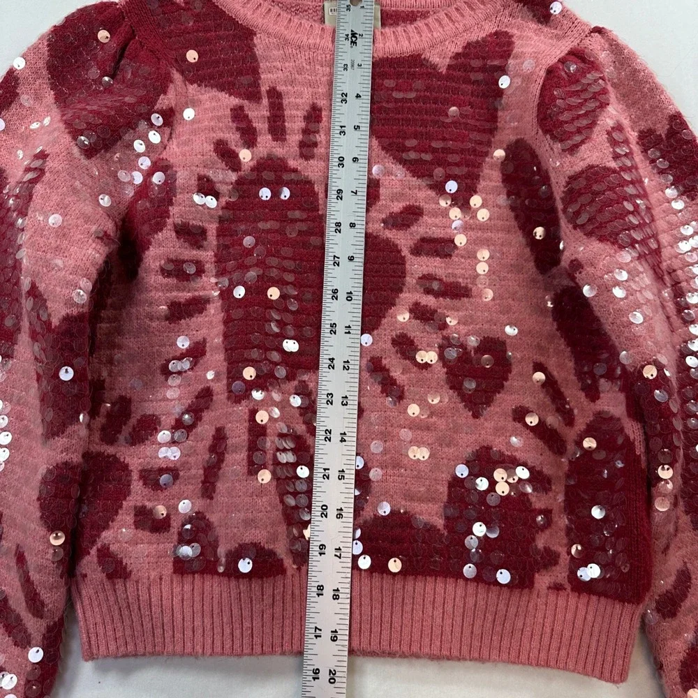 Farm Rio Sequin Hearts Knit‎ Sweater Small Pink Red Wool Blend Love Puff Sleeves